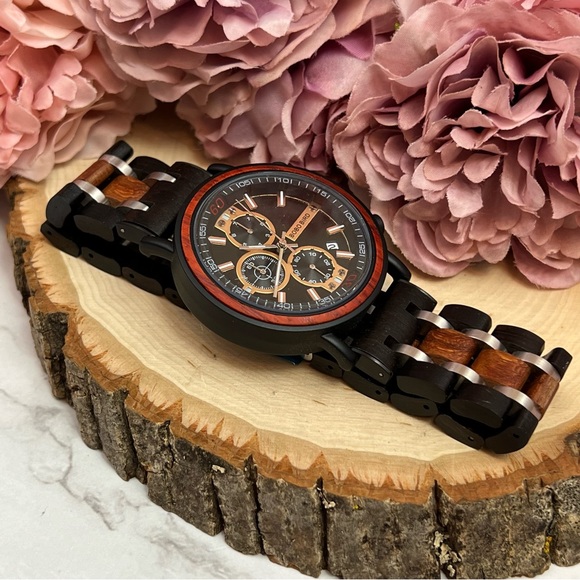 Luxury Amaranth & Ebony Wood Chronograph Military Quartz Watch - Picture 11 of 15